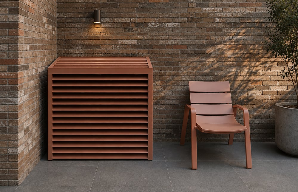 Cedar louvred enclosure concealing an air source heat pump on a paved courtyard, with a matching chair against a brick wall