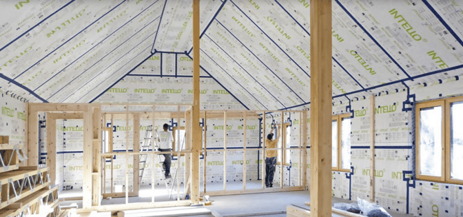 Image of Proclima Intello tape used for airtightness on this timber frame house