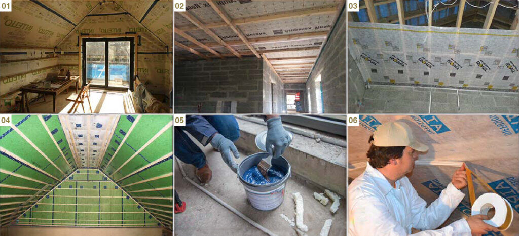 Image showing Some popular airtightness membranes include: 01 Pro Clima Intello I 02 Ampatex / 03 Isover Vario / 04 Medite Smartply ProPassiv airtight OSB / 05 Blowerproof liquid airtight paint / 06 Airstop Diva Forte