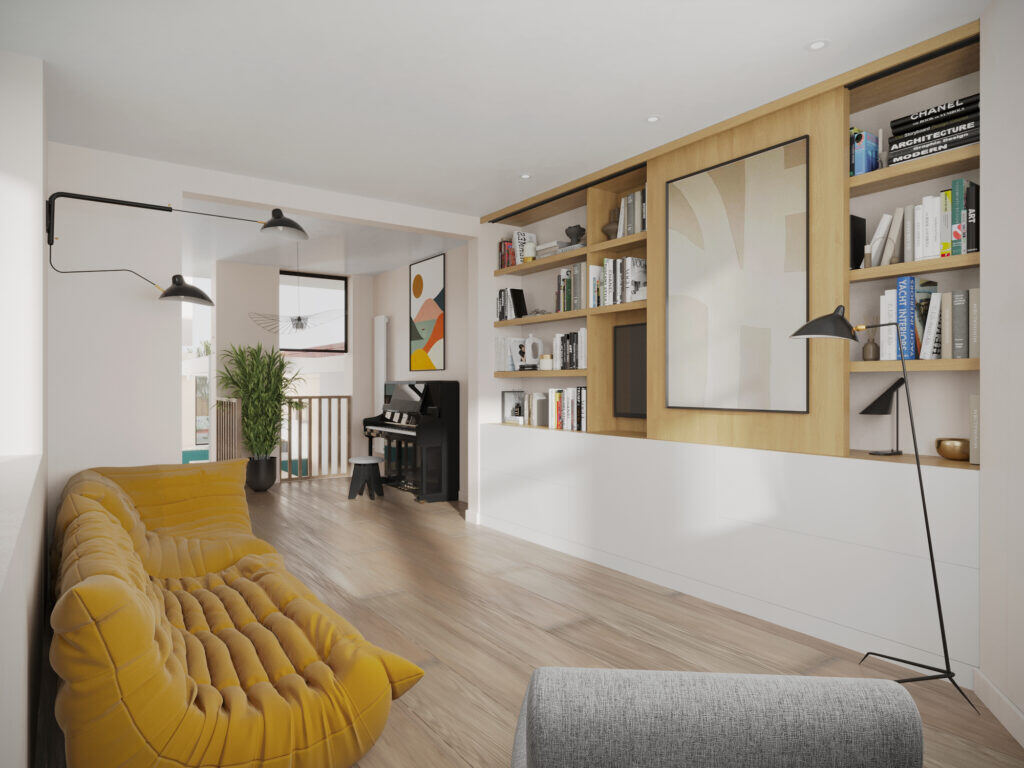 View of what the living space will look like with a view towards the Music Room and the Kitchen beyond