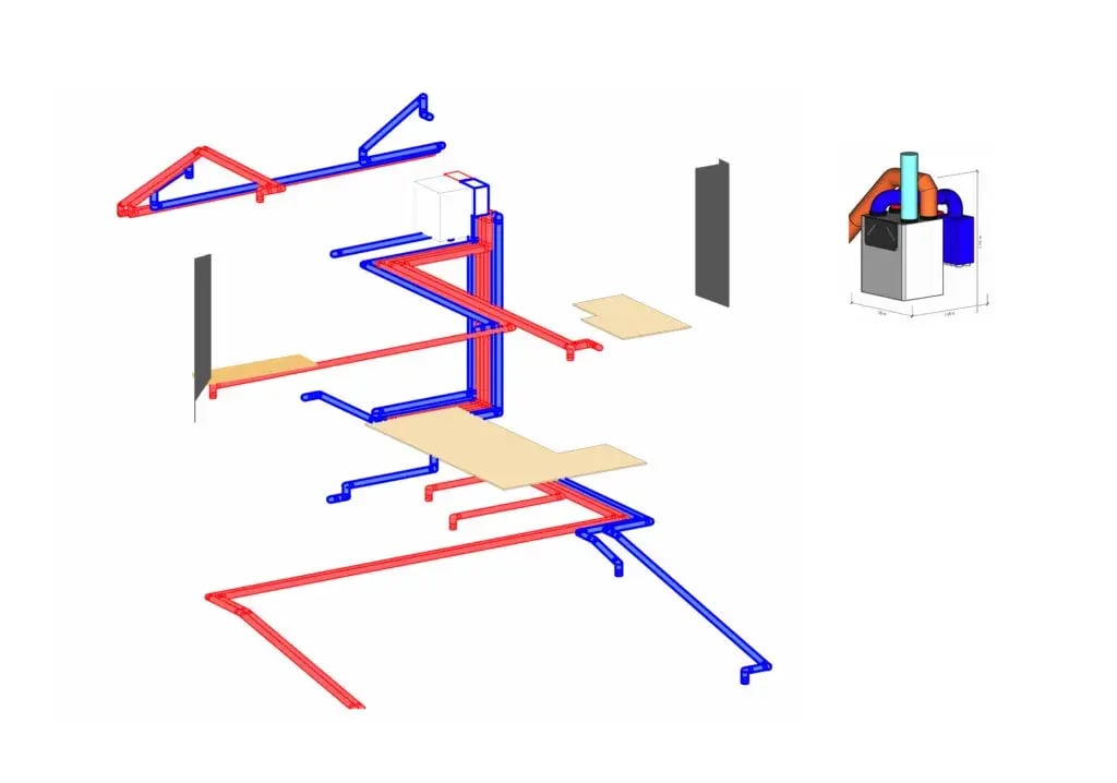 Schematic diagram showing the position of the MVHR unit and the duct routes.