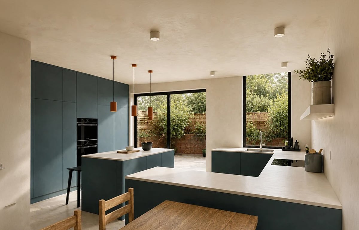 Sustainable kitchen extension in Hampstead with teal handleless cabinetry, twin islands, pale stone worktops and sliding doors to a courtyard