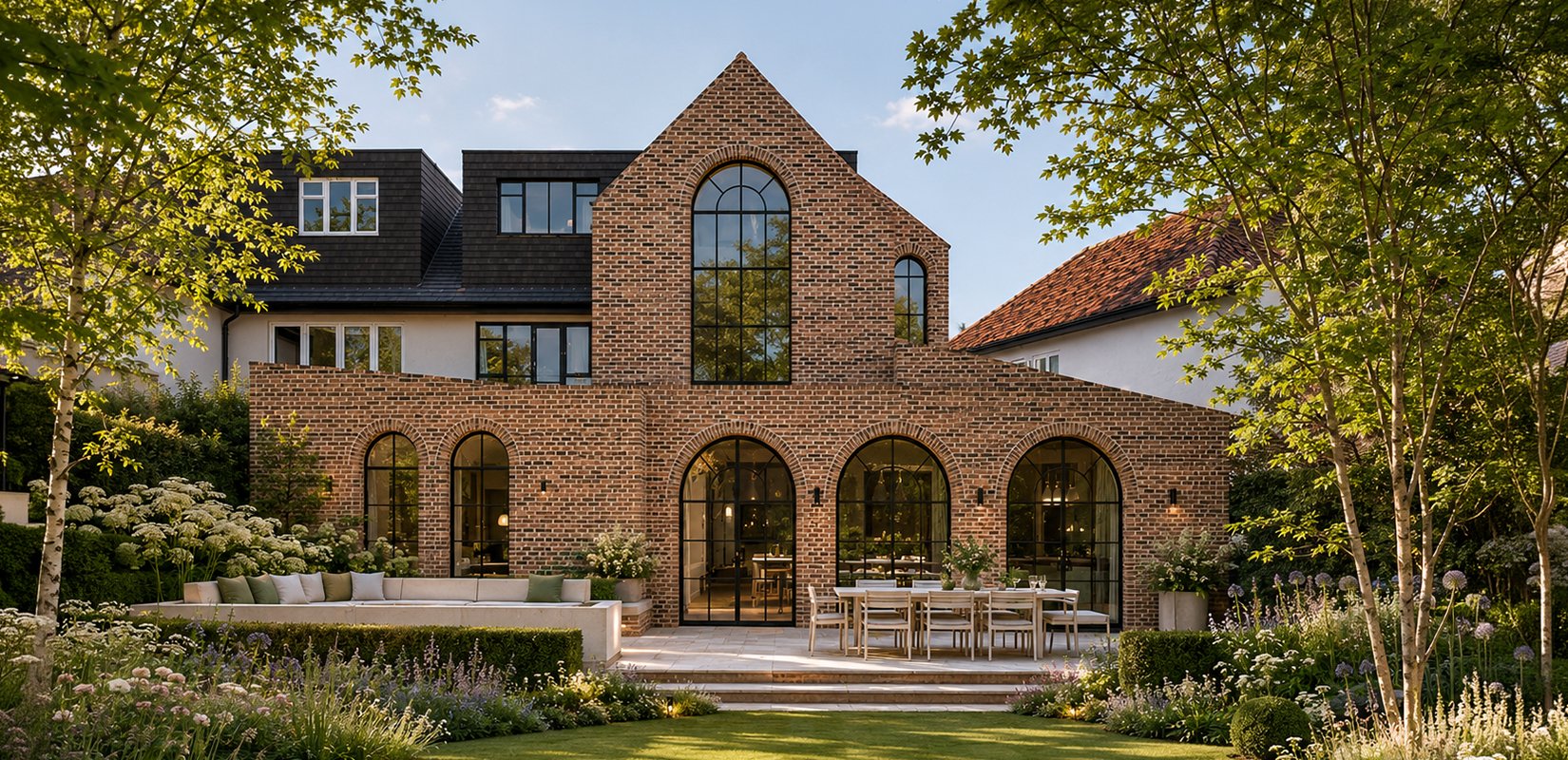 Rear view of Arches House in West Hampstead by RISE Design Studio, showing a contemporary brick extension with arched steel-framed glazing opening onto a Tom Stuart-Smith-inspired garden of layered perennial planting, clipped evergreen forms, mature trees and a generous lawn on a sunny spring day.