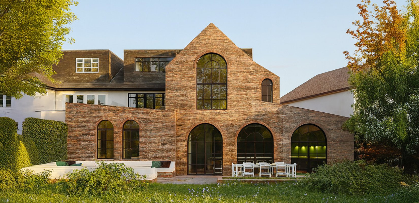 Two-storey brick side and rear extension in West Hampstead, London, with arched steel-framed windows opening onto a landscaped garden