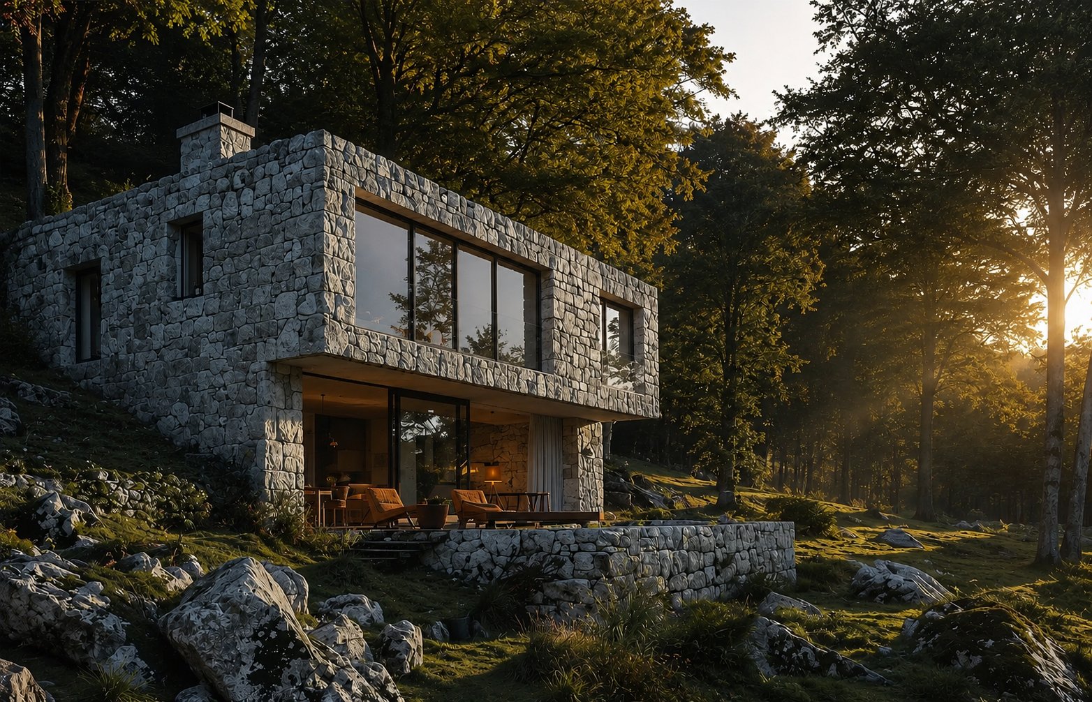 new build rural passivhaus home in rural england with sun setting through the surrounding trees of the nearby forest