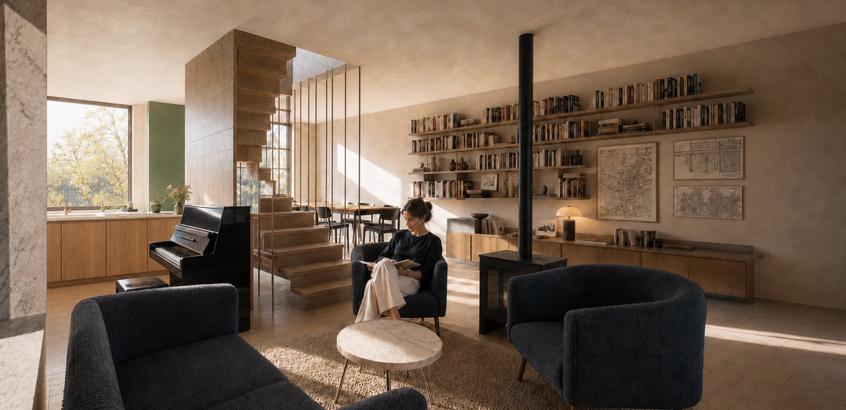 Living room of Bathurst Mews House EnerPHit retrofit with timber spiral stair, wood-burning stove and lime-plastered walls, Bayswater, London