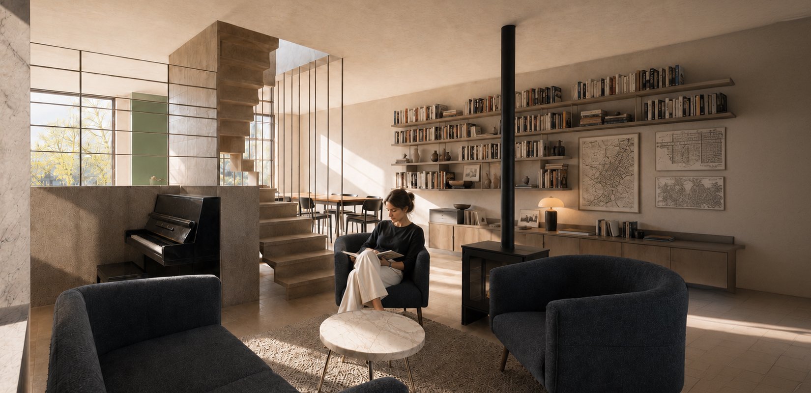 A light-filled living room with a wall of open bookshelves, a woman reading in a navy armchair beside a wood-burning stove, an upright piano below a steel-framed screen, and a limestone stair rising past a green-painted wall, with marble and stone surfaces catching the sun. RISE Design Studio.