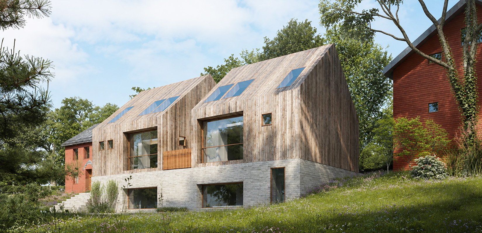 Angled render of a two-storey building with two gabled timber-clad volumes, rooflights and large windows above a pale board-marked concrete base, set on a grassy slope between red brick and timber farm buildings with trees behind. RISE Design Studio.