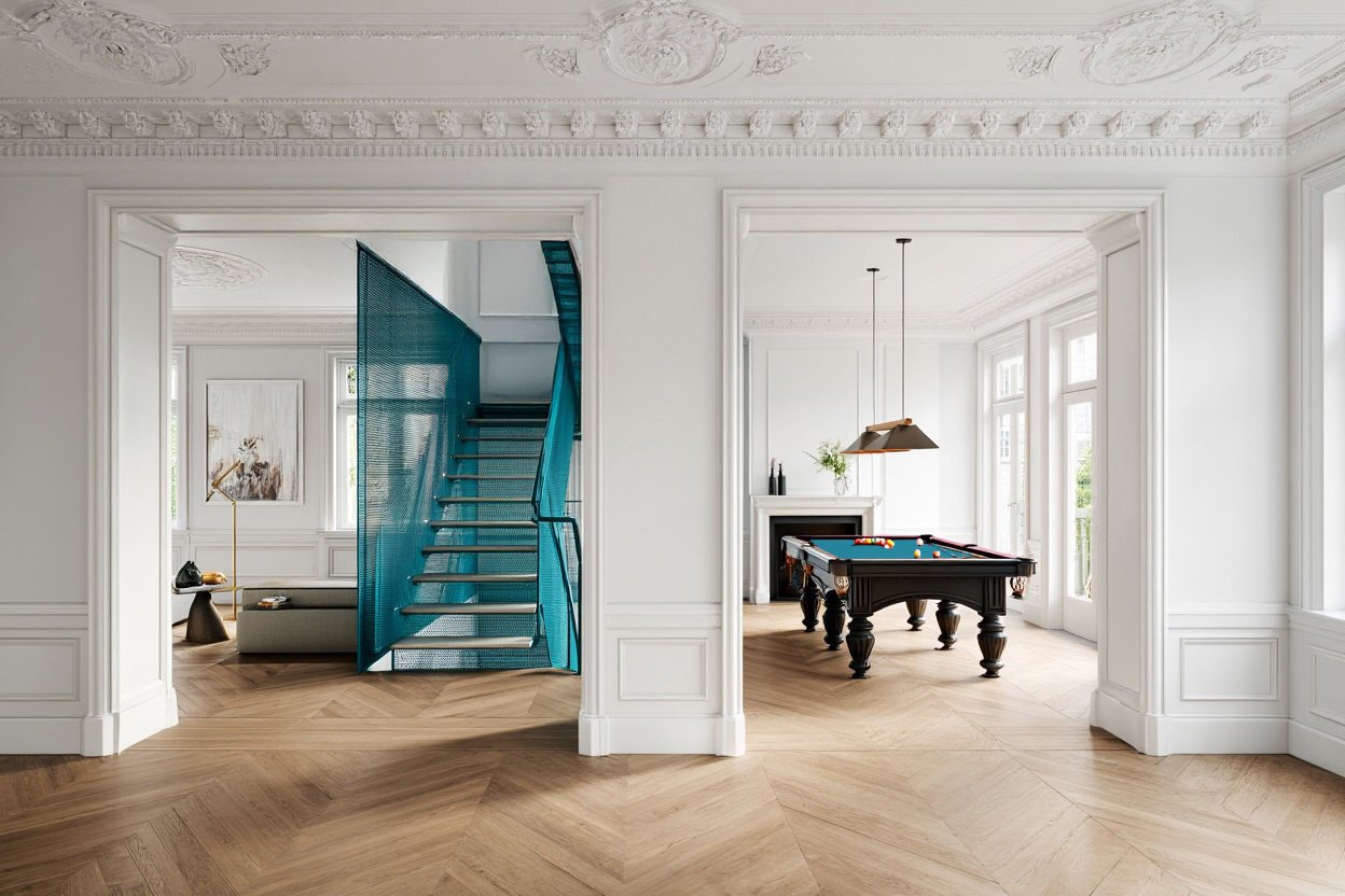 RISE-Design-Studio-Teal-Mesh-Stair-Notting-Hill-Renovation-Pool-Table-1