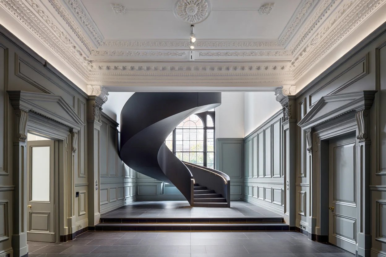RISE-Design-Studio-Teal-Mesh-Stair-Notting-Hill-Renovation-Spiral-Stair