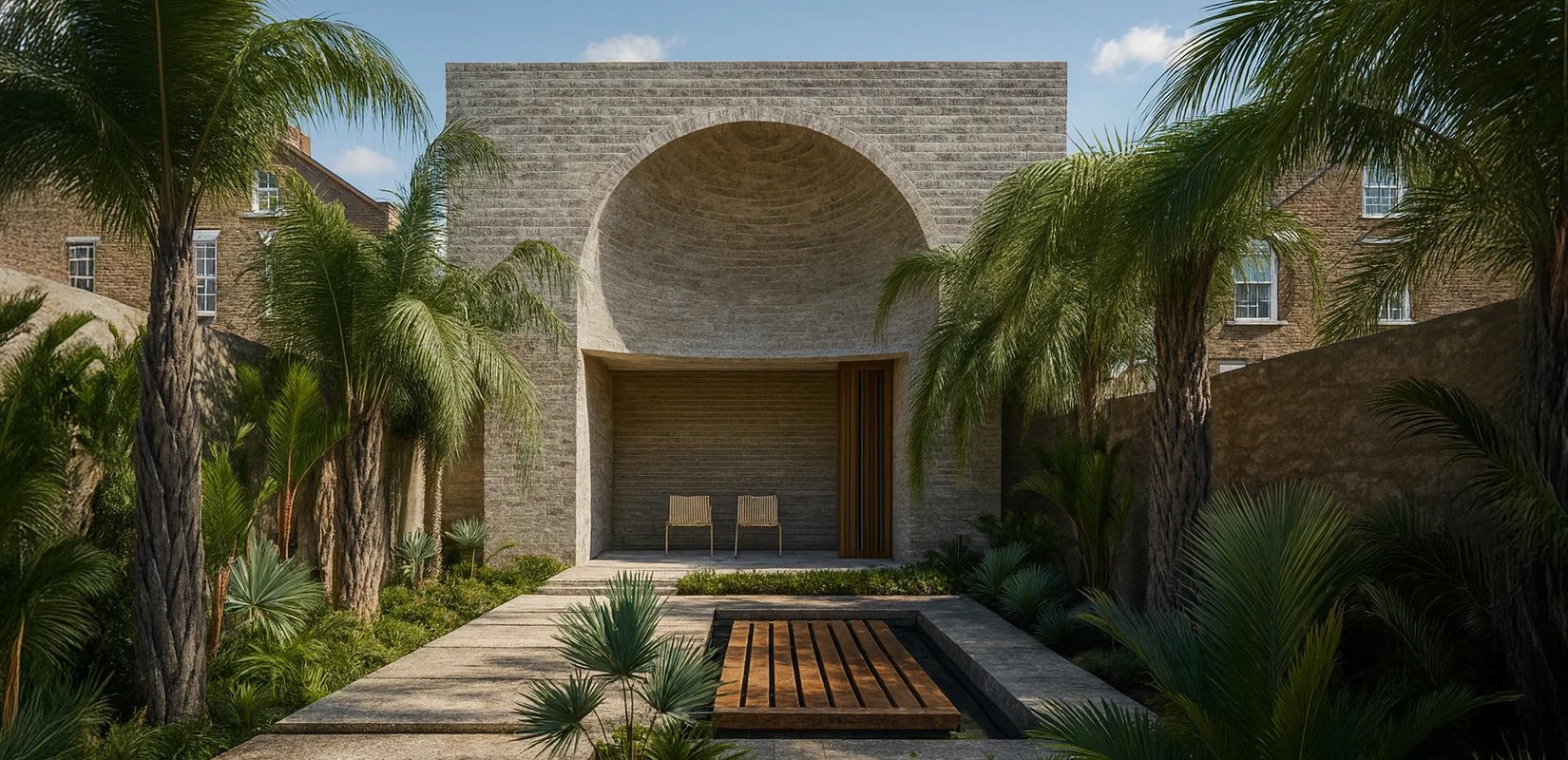 Low-energy garden retreat in Primrose Hill, London with a monolithic stone arch, covered loggia and a timber deck over a reflecting pool