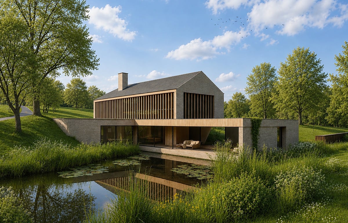 Sustainable low-energy house in Surrey with grey brick gable, slatted timber screen and covered terrace beside a reflective pond