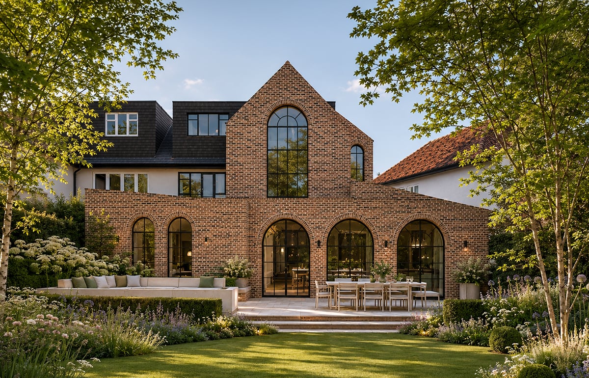 Rear view of Arches House in West Hampstead by RISE Design Studio, showing a contemporary brick extension with arched steel-framed glazing opening onto a Tom Stuart-Smith-inspired garden of layered perennial planting, clipped evergreen forms, mature trees and a generous lawn on a sunny spring day.