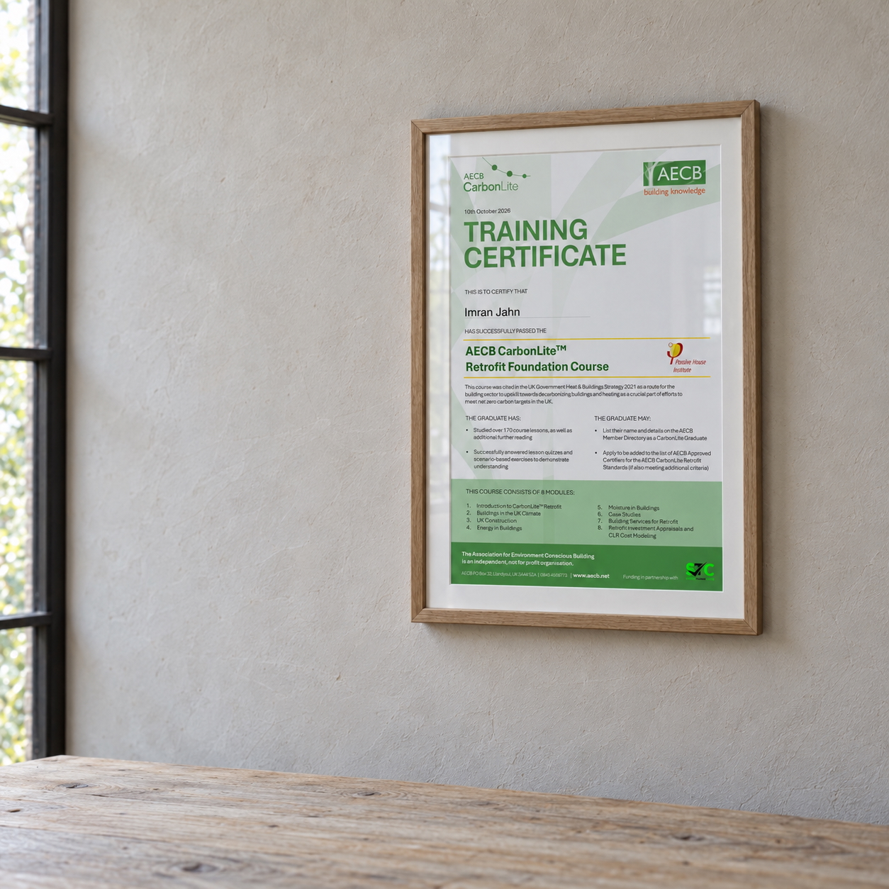 A framed AECB CarbonLite Retrofit Foundation training certificate for Imran Jahn, dated 10 October 2026, in a light oak frame on a textured plaster wall. Soft daylight from a side window falls across the wall, above a timber worktop. RISE Design Studio.