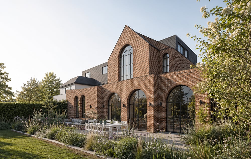 Rear view of a contemporary brick house extension with tall arched steel-framed glazing, photographed on a bright spring morning. A naturalistic Tom Stuart-Smith-inspired garden of ornamental grasses, alliums and soft perennial planting surrounds the spacious terrace, creating a biodiverse landscape that complements the warm brick architecture and sustainable design.