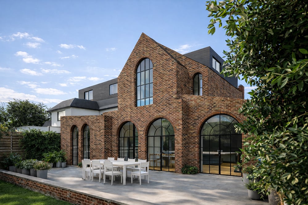 Golden hour view of a West Hampstead home extension with arched brick façade, steel-framed glazing, and garden terrace designed for modern family living.