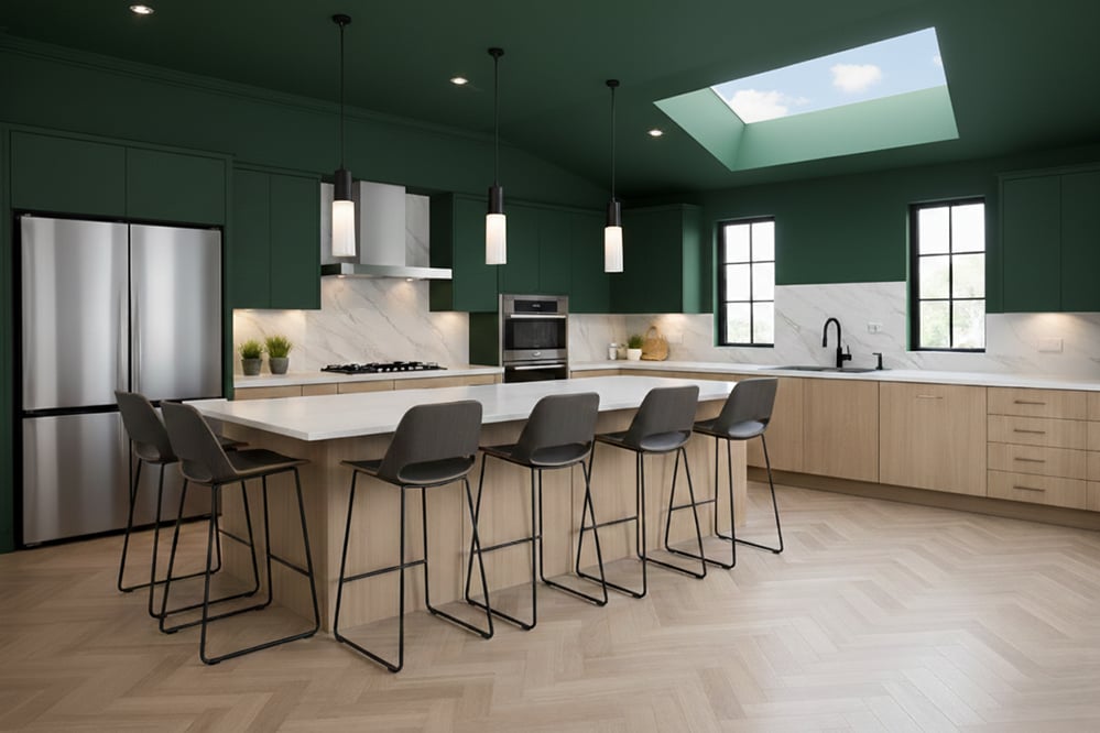Open-plan kitchen and dining space in a West Hampstead home extension with bespoke timber cabinetry, large island, rooflight, and arched windows bringing daylight into the interior.