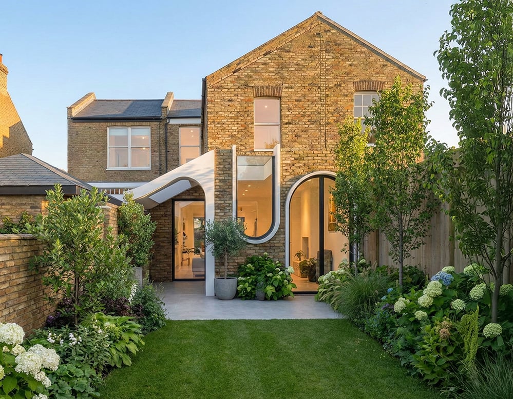 Rear garden view of a sustainable home extension in Notting Hill, combining contemporary curved forms with historic brickwork, designed by architects experienced in conservation areas and low-energy residential design.