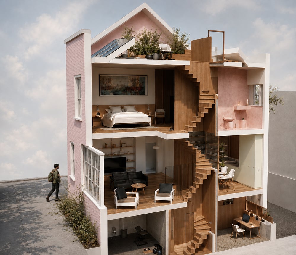 Cutaway visualisation of a three-storey pink-brick mews house showing every level: a basement gym and study, a timber-floored living room and kitchen, a bedroom and pink bathroom above, a planted roof terrace, a rooflight and solar panel on the pitched roof, and a winding timber stair. RISE Design Studio.