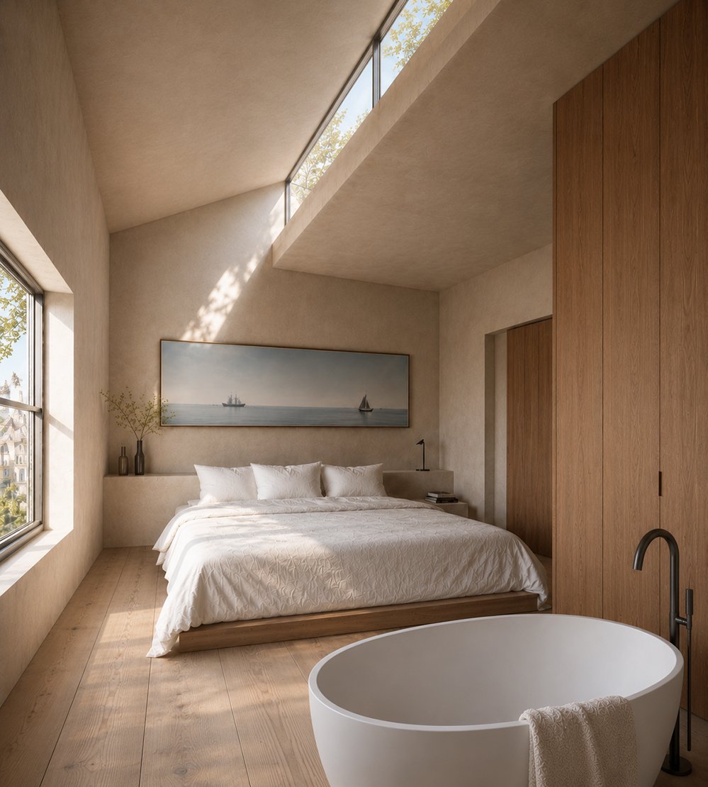 Top-floor bedroom lit by a clerestory rooflight with lime plaster walls and oak wardrobe, Bathurst Mews House, London, W2