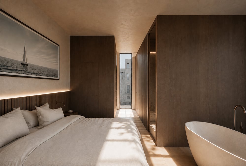Bedroom with dark timber joinery, freestanding bath and slot window in a low-energy mews house retrofit, London W2