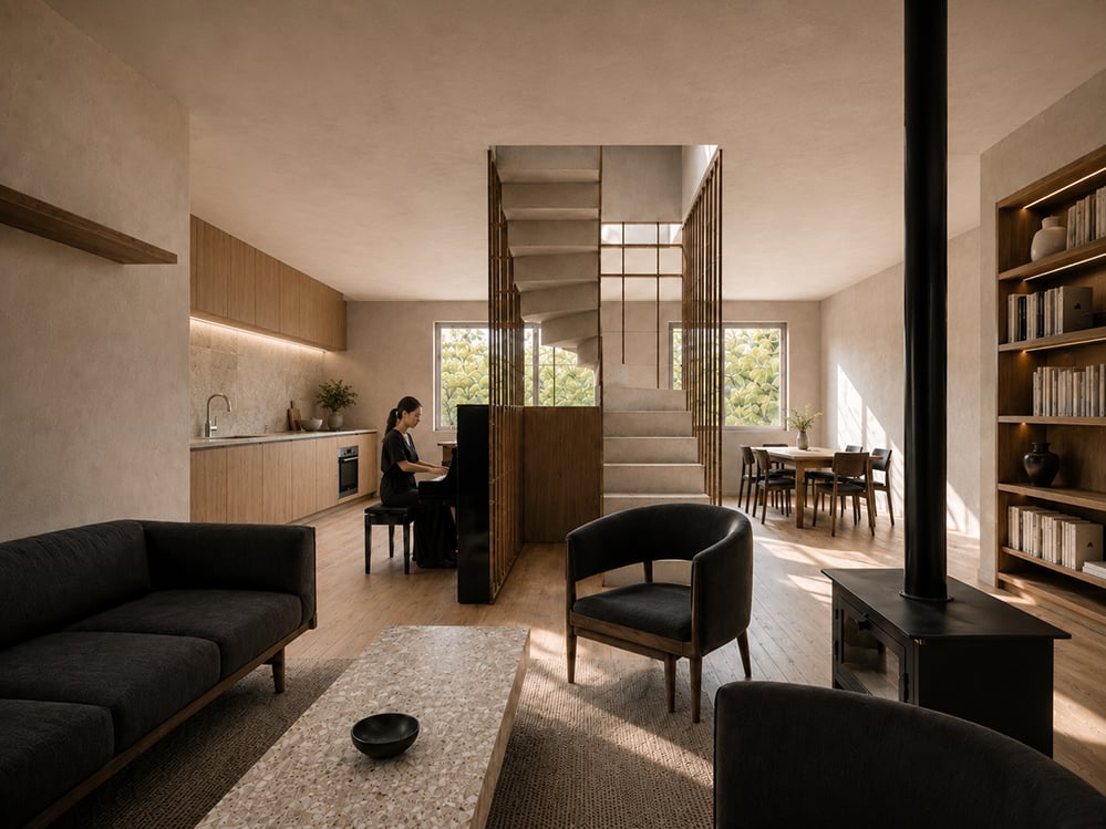 Open-plan living and kitchen with sculptural stair behind a brass screen in Bathurst Mews House, an EnerPHit retrofit in Bayswater