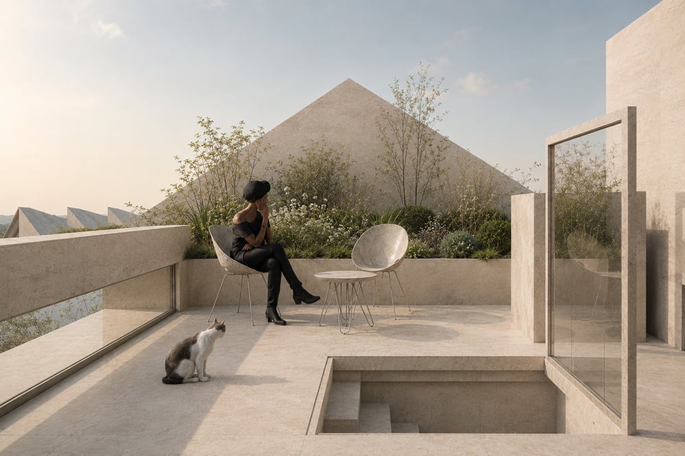 Planted roof terrace with sunken stair access above Bathurst Mews House, a Passivhaus-standard retrofit in Bayswater