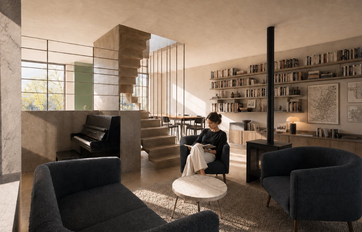 A light-filled living room with a wall of open bookshelves, a woman reading in a navy armchair beside a wood-burning stove, an upright piano below a steel-framed screen, and a limestone stair rising past a green-painted wall, with marble and stone surfaces catching the sun. RISE Design Studio.
