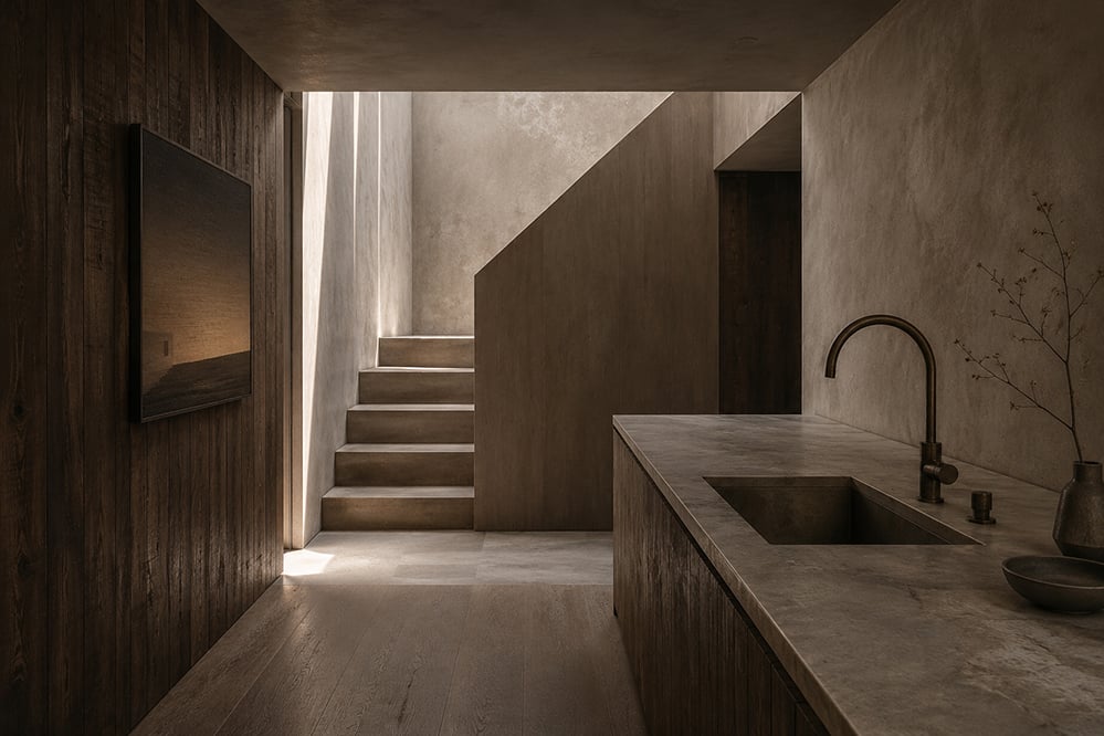 A calm mews house interior in natural materials: a wall of dark reclaimed timber cladding with a framed artwork, limewashed plaster walls, limestone steps rising in raking daylight, a stone worktop with an undermounted sink and aged brass tap, and wide timber boards underfoot. RISE Design Studio.