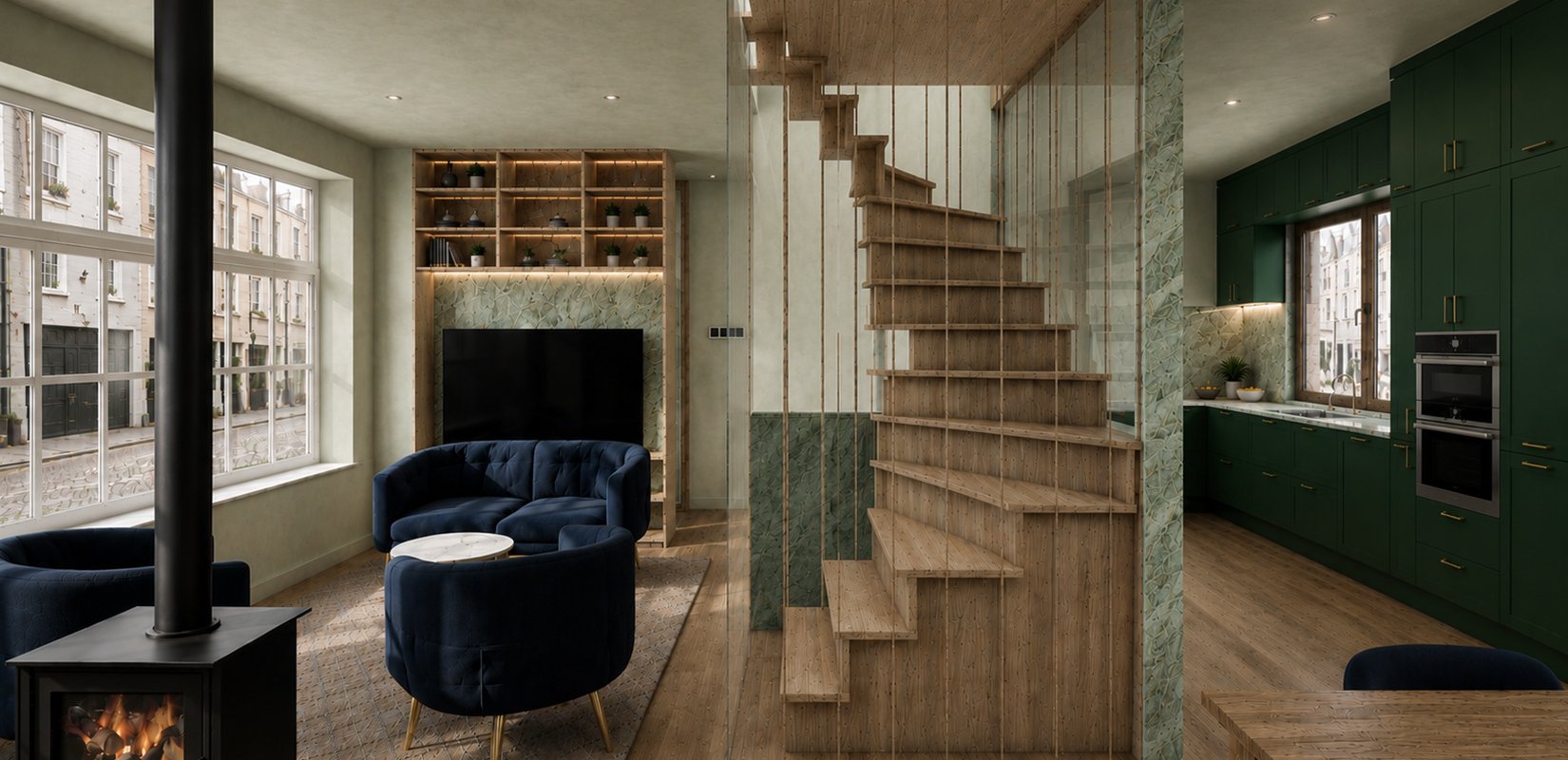 Sustainable mews house interior in Bayswater, London featuring timber staircase, green kitchen cabinetry, clay plaster walls, bespoke joinery, and low-energy architectural retrofit design inspired by Passivhaus principles.