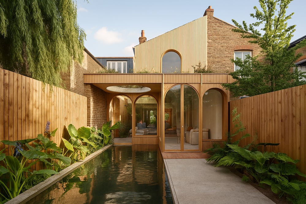 Exterior of Twelve Arches in London, showing the biophilic rear extension, natural swimming pool, vertical planting and timber cladding that enhance wellbeing and support low-energy living.