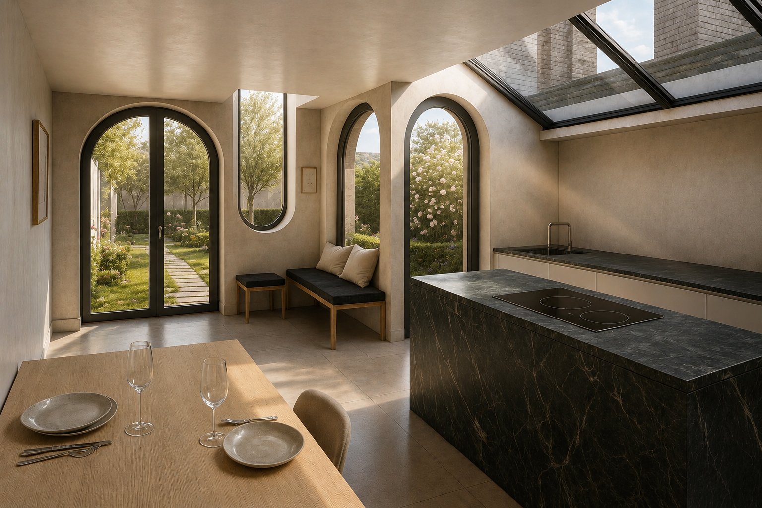 Sunlit contemporary kitchen extension with soft clay-plaster walls, a dark marble kitchen island, and a large rooflight casting a subtle beam of sunlight across the interior. Tall black-framed arched doors and windows open onto a carefully curated garden with olive trees, structured planting, and a strawberry tree bearing red fruit. A built-in timber bench sits between the windows, while a pale oak dining table occupies the foreground. The space combines Mediterranean warmth with minimalist architectural detailing, creating a calm, biophilic atmosphere that blurs the boundary between house and garden