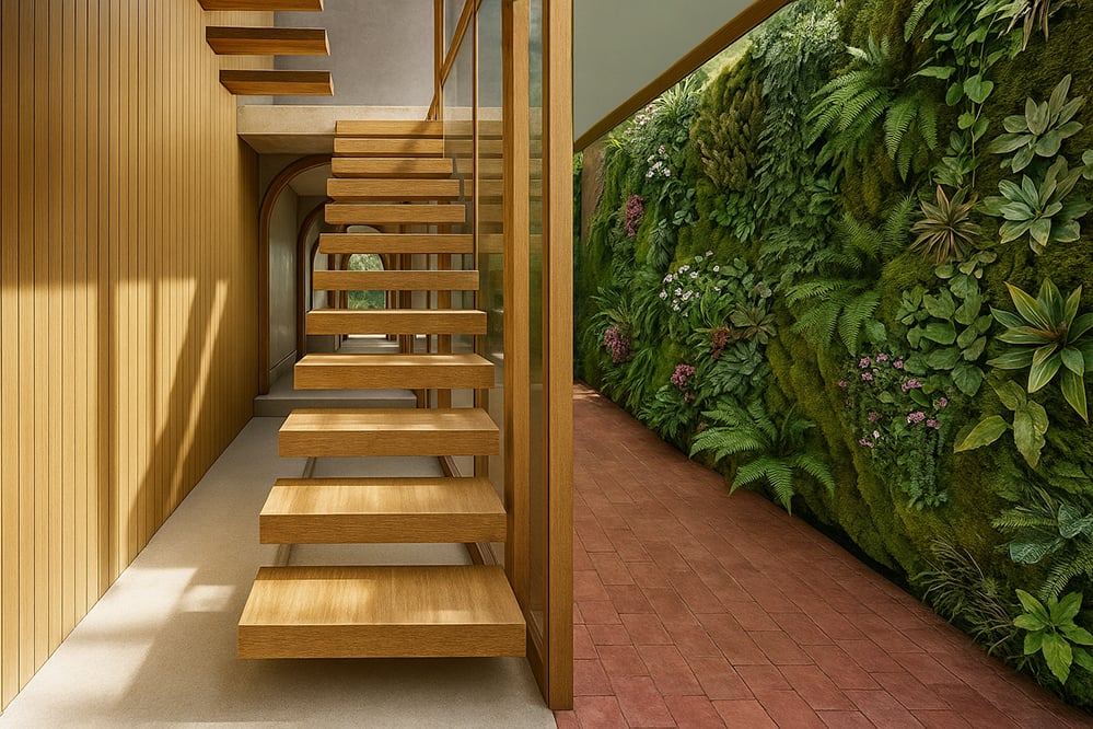 Close view of timber staircase and vertical green wall inside Twelve Arches, demonstrating biophilic design through natural materials, soft light, and abundant planting in a low-energy London retrofit.