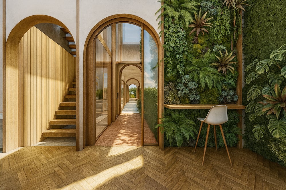Interior view of a floating timber staircase in Twelve Arches, a biophilic London home featuring arched openings, natural materials and full-height glazing that connects the living spaces to surrounding trees and garden views.