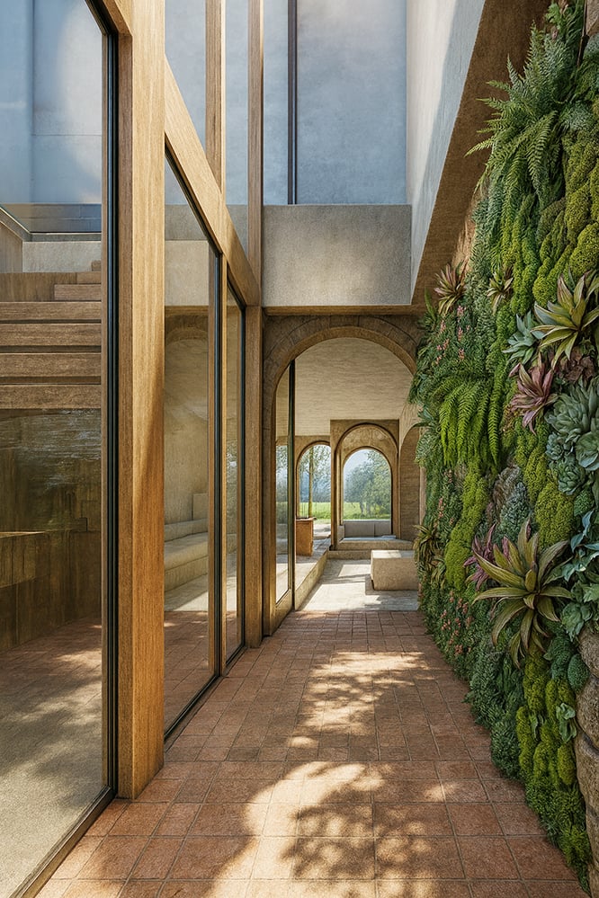 Courtyard walkway framed by timber arches and a large green wall, creating strong indoor-outdoor connections and emphasising biophilic architecture in this Queen’s Park London home.