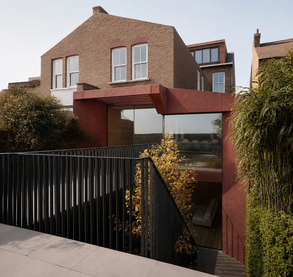 Architectural render of a contemporary low-energy extension to a Victorian brick house, with a deep oxblood-red rendered frame, full-height glazing to an upper room and a glimpsed lower-ground living space, black vertical screen, paved terrace and planting. RISE Design Studio.