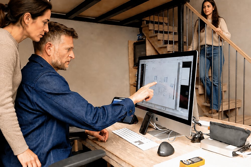Architect reviewing architectural drawings with a client in a London design studio, while team members observe nearby, discussing home renovation and extension plans using digital design software, BIMx.