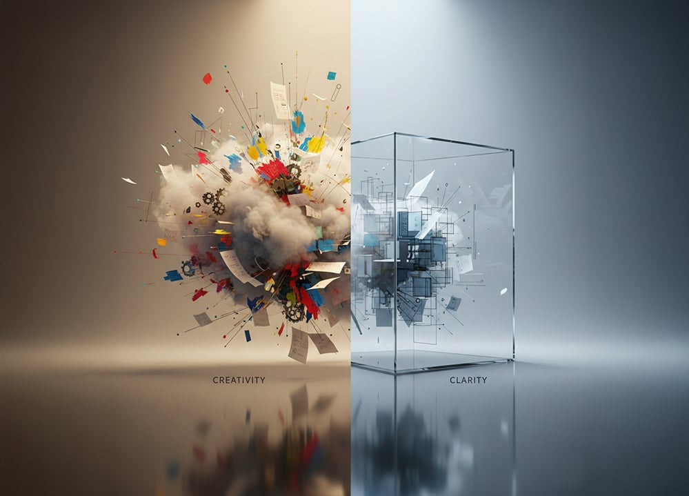 Split visual contrasting chaotic creativity with structured clarity, illustrating how early architectural decision-making replaces uncertainty and false confidence with clear thinking, helping projects manage risk, cost, and long-term performance from the outset.