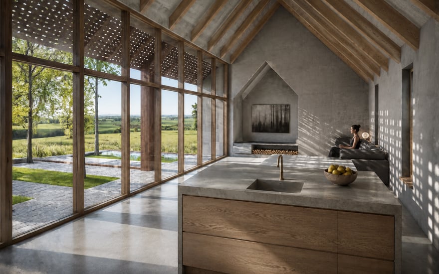 Sustainable kitchen and living interior at Clogher Forest Village by RISE Design Studio, with exposed timber rafters, concrete walls, full-height glazing and countryside views.