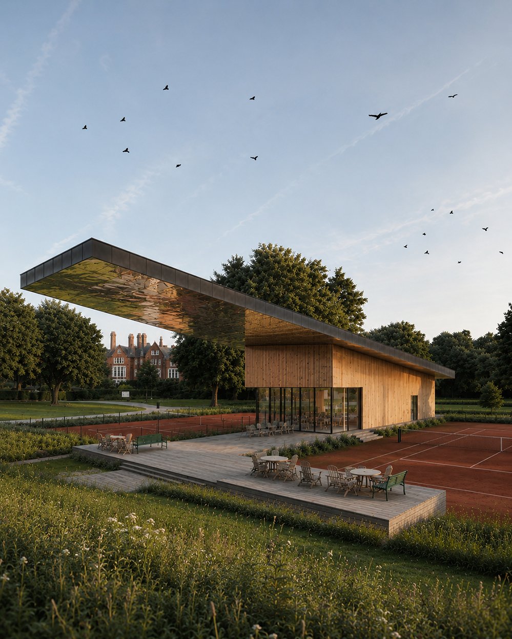 Architectural visualisation of a community tennis pavilion and café in a park setting, featuring a dramatic cantilevered roof over timber cladding and full-height glazing, with clay courts and mature trees beyond. RISE Design Studio.