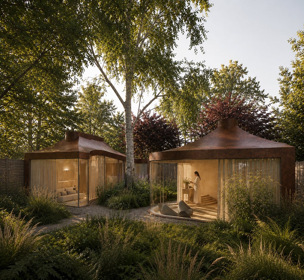 Contemporary garden studio in Hampstead by RISE Design Studio, carefully designed around mature existing trees with curved glazing, sculpted weathered steel roofs and naturalistic planting inspired by woodland landscapes.