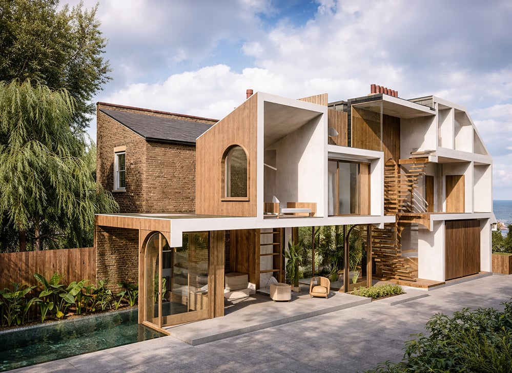 Contemporary London house extension in Queen’s Park with timber cladding, arched openings and large glazing, blending modern architecture with existing brick house and garden, designed by architects for sustainable family living.