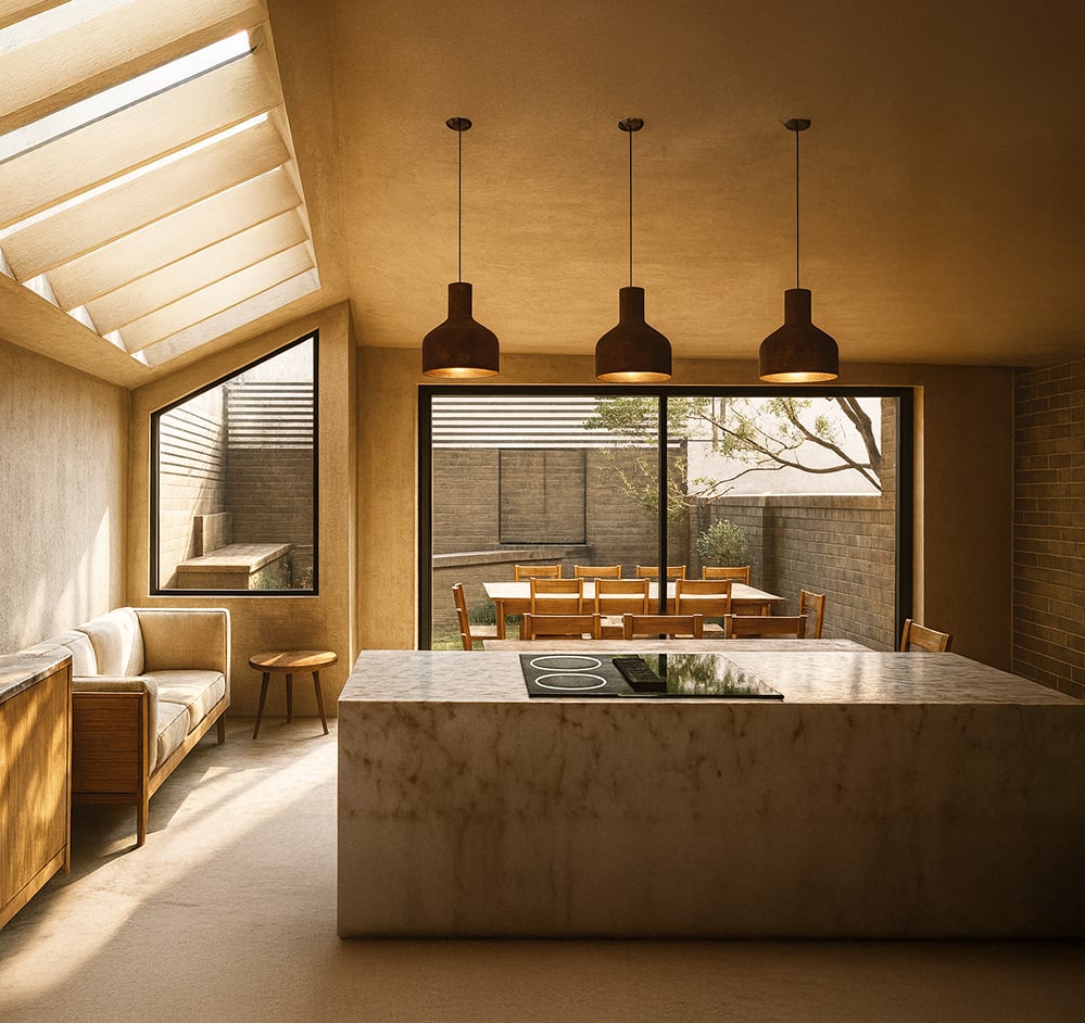 Kitchen and dining interior of Corten House with large skylight, Corten-framed glazing, earthy materials, timber furniture and a calm, low energy architectural atmosphere.