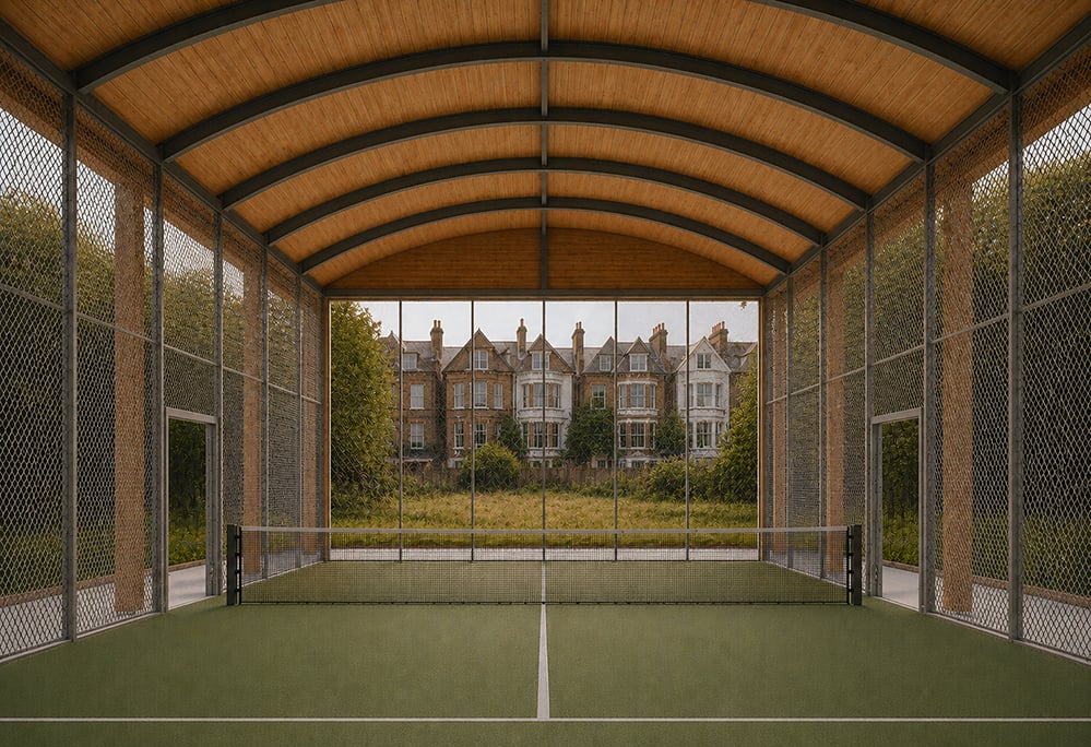 Padel court concept by RISE Design Studio on a Crouch End backland, with a green court and net, pale mesh walls in a timber frame, a barrel-vaulted roof of steel and glulam arches, and a full-height glazed gable wall framing a wild meadow and gabled red-brick terraces beyond.