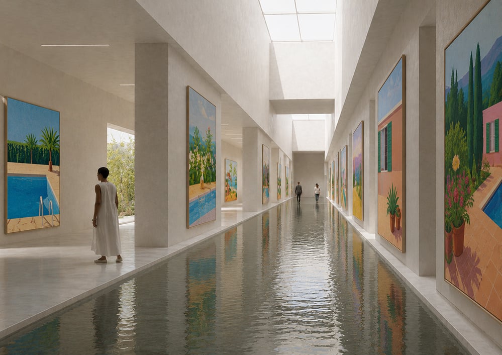 Concept interior of a contemporary David Hockney museum featuring minimalist architecture, reflective water channel, natural daylight from rooflights and colourful artworks inspired by landscape and colour studies, designed as a sustainable cultural building by RISE Design Studio.