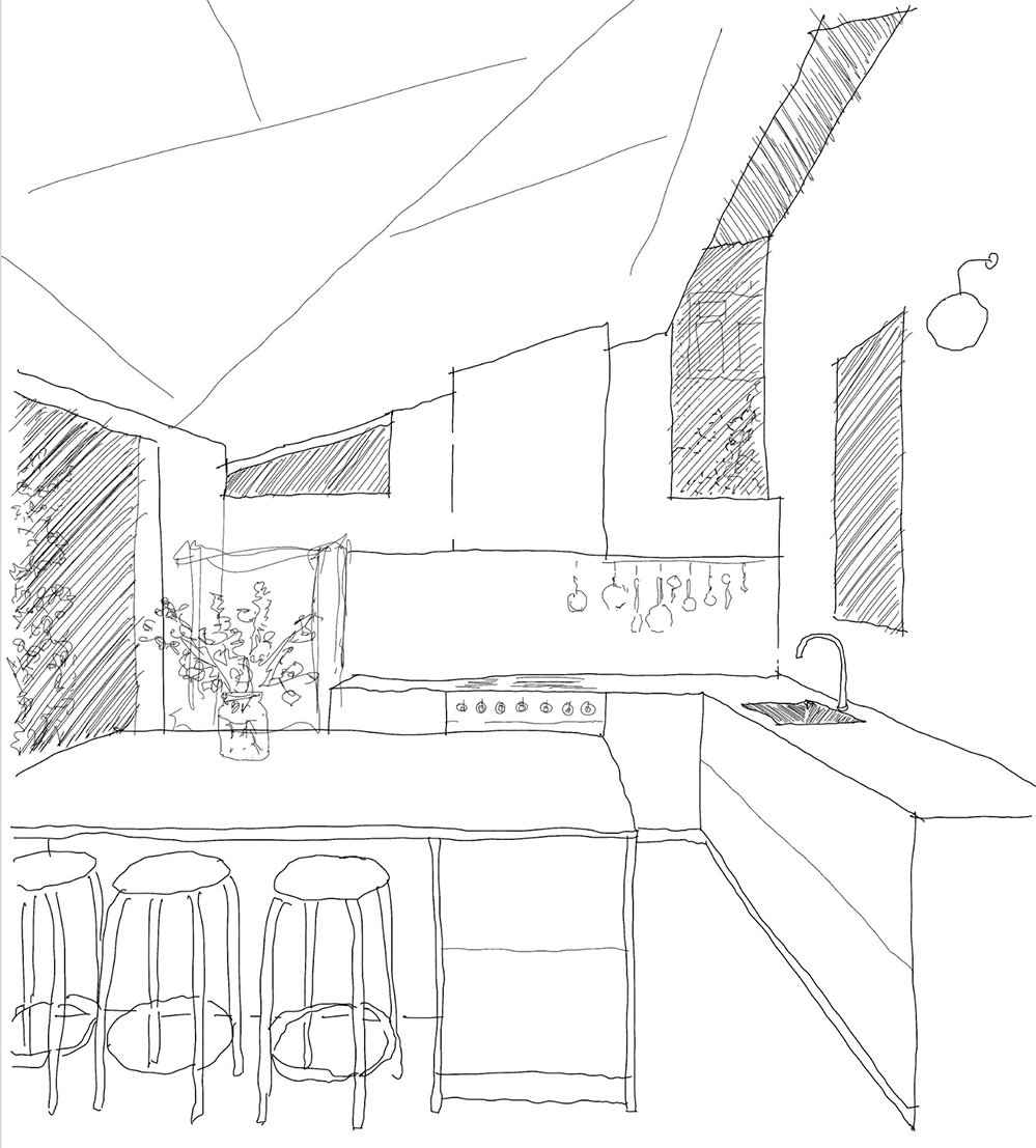 Hand-drawn concept sketch of the Douglas House kitchen by RISE Design Studio, showing a pitched ceiling, a marble island with bar stools, a range cooker and sink, and two contrasting rear windows, a horizontal clerestory and a tall up-and-over window, with daylight hatched across the ceiling.