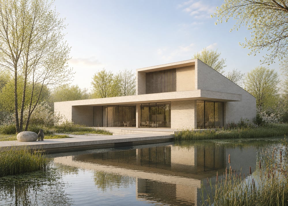 A low, contemporary pale-brick house with a timber-screened upper storey, deep roof overhangs and full-height glazing opening to a paved terrace, set among trees and reflected in a natural planted pond, with a boulder and a dog on the near bank. RISE Design Studio.