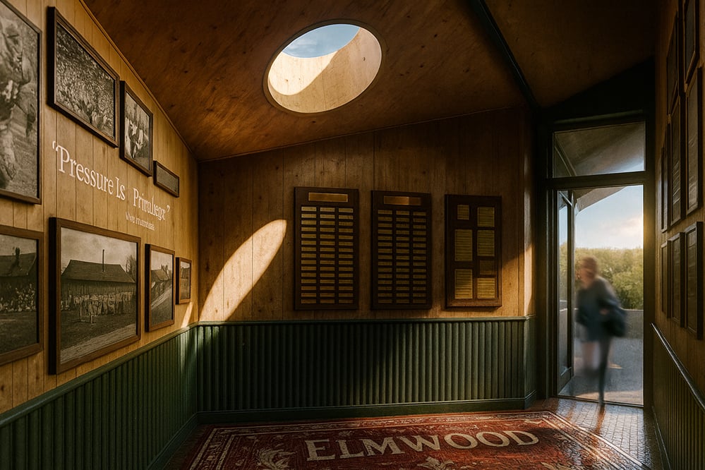 Heritage entrance hall of the new Elmwood tennis clubhouse showing timber walls, historic photos, honour boards and a circular rooflight illuminating the space.