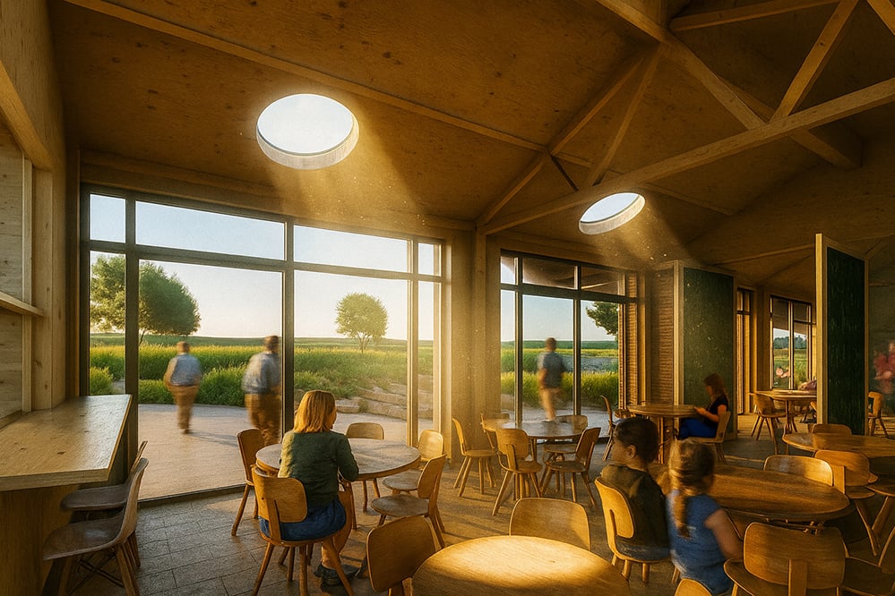 Interior of the new Elmwood tennis clubhouse with exposed CLT structure, circular rooflights and large glazing opening to landscaped terraces. Warm, flexible space for events and community use.