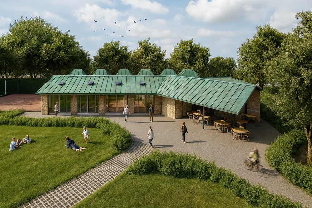 A sustainable new tennis clubhouse in London featuring hempcrete walls, a green zinc roof and generous terraces overlooking the courts. Shows landscaped pathways, lawn areas and families using the club grounds.